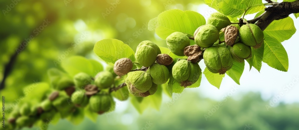 Poster green walnuts on tree branches with copy space image.