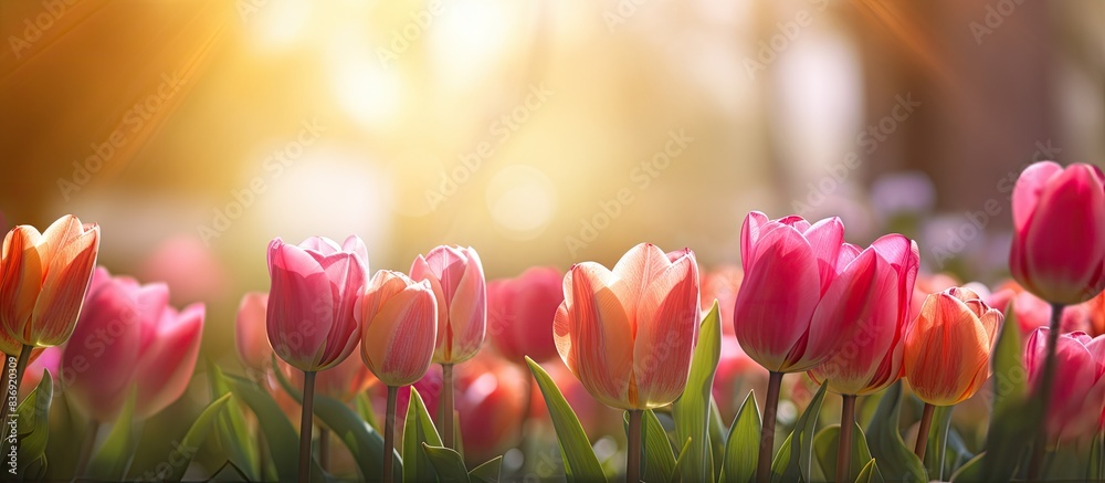 Poster tulip flowers in full bloom in a spring garden, illuminated by sunlight. background is blurred with 