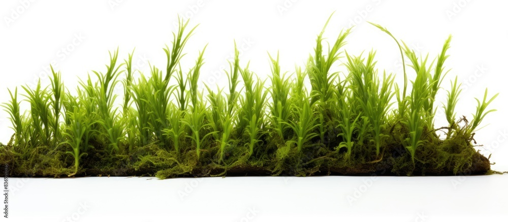 Poster close-up view of creeping club moss (lycopodium clavatum linn) against a white backdrop with ample c