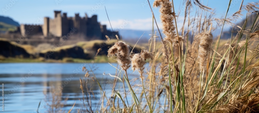 Poster close-up of river reed with an ancient castle in the mountains, a dried flower in the foreground, an