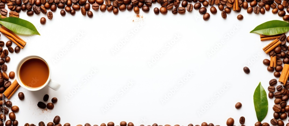 Poster top view of a summer themed frame crafted from coffee beans and tea leaves on a white background pro