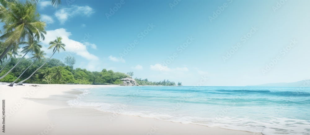 Poster a serene tropical beach with a blurred ocean backdrop and room for showcasing products, creating a m