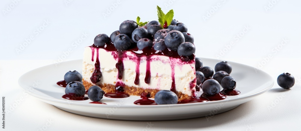 Aufkleber blueberry cheesecake displayed in a plate with a white background for copy space image.