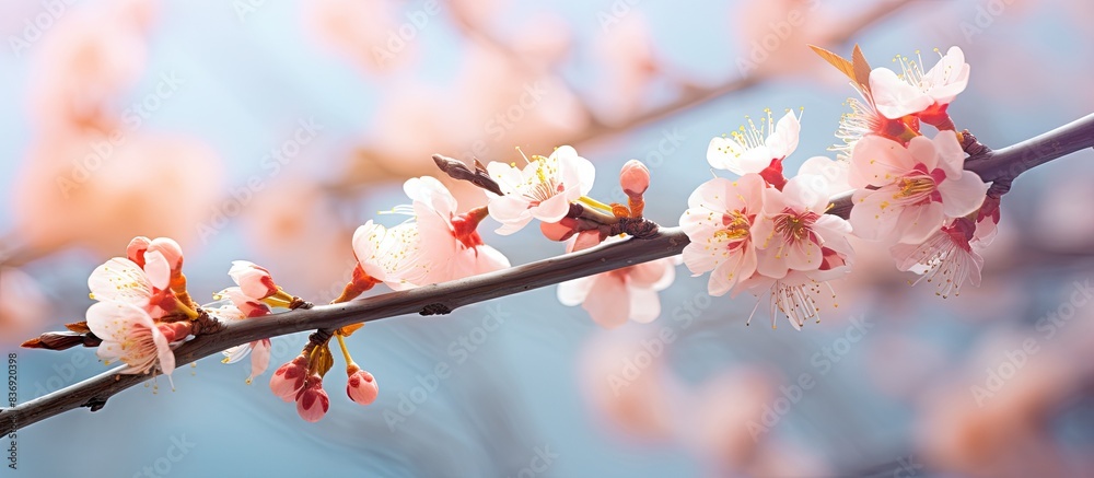 Poster Apricot tree in full bloom, displaying beautiful flowers against a blurred background in a close-up shot with a soft selective focus, creating a spring floral concept with copy space image.
