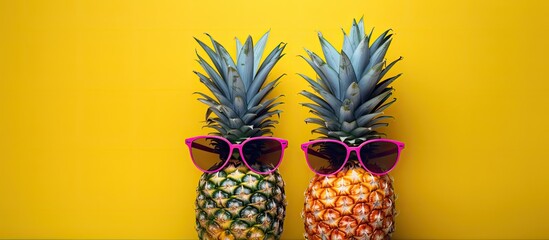 Stylish pineapple couple, one male and one female hipster wearing sunglasses. Creative art concept...