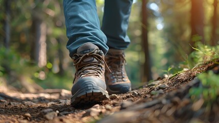 Close up of a man's feet in hiking shoes walking on a forest trail, copy space for text stock photo.