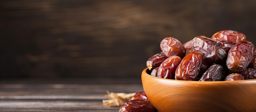 Dates or dattes palm fruit in wooden bowl is snack healthy.