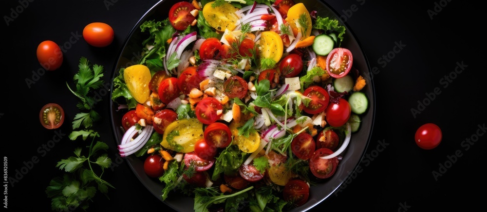 Poster top view of a light summer vegetable salad with tomatoes, greens, and fresh ingredients on a black b