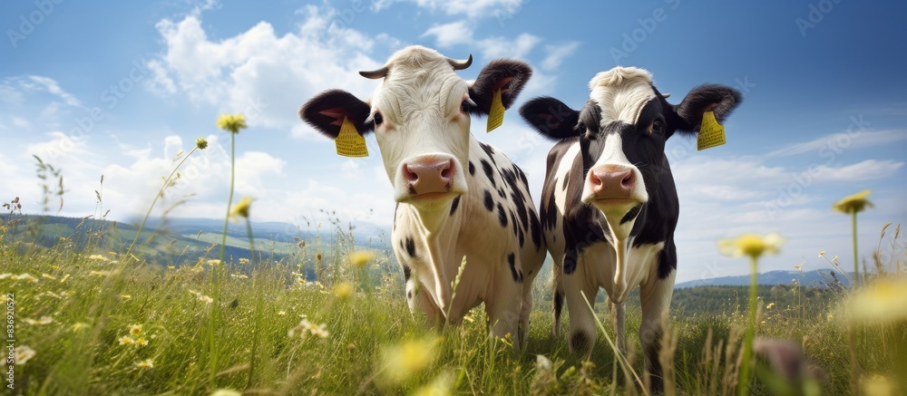 Poster A pair of youthful cows grazing in the field with plenty of copy space image.