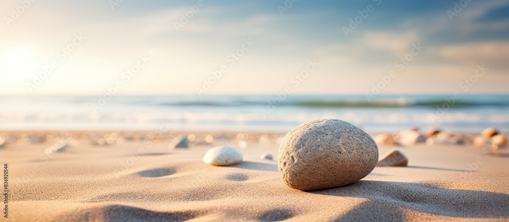 Poster A patterned stone on the beach stands out against a beautiful backdrop of smooth sand, providing a calming and tranquil copy space image.