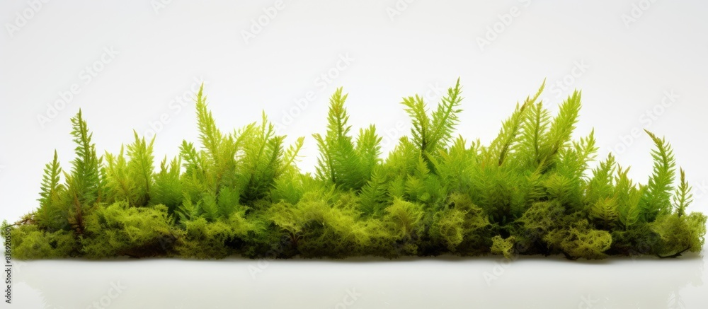 Poster close-up view of creeping club moss (lycopodium clavatum linn) against a white backdrop with ample c