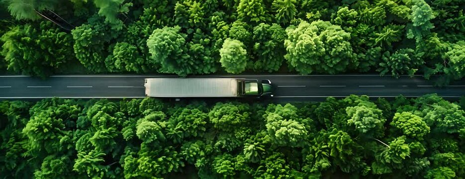 Aerial View of Truck Driving on Road Through Forest
