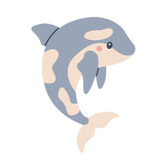 Flat vector illustration in children's style. Cute killer whale with smiling face on white background