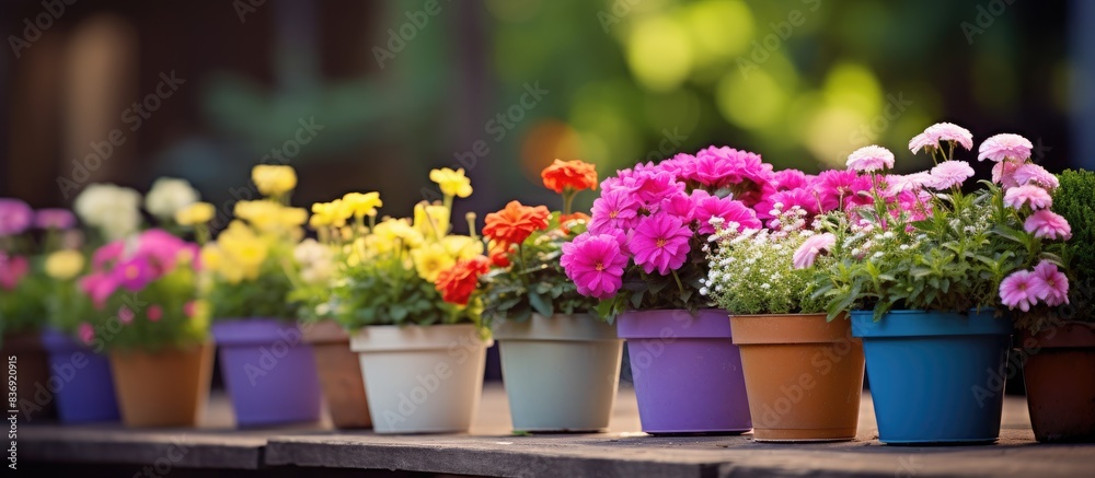 Poster Garden flowers in pots with colorful blooms adding a touch of nature to your space, perfect for a copy space image.