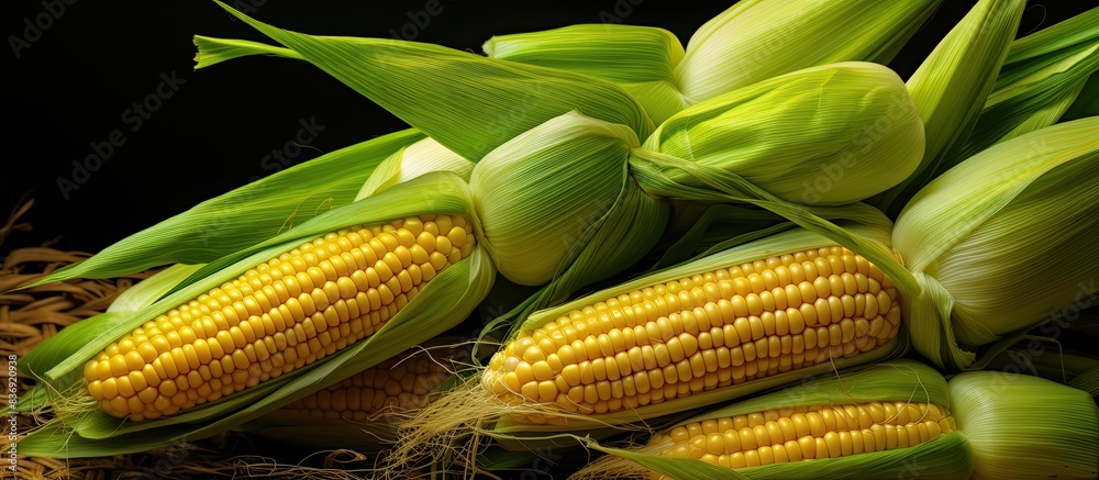 Poster corn on corn husks with copy space image.
