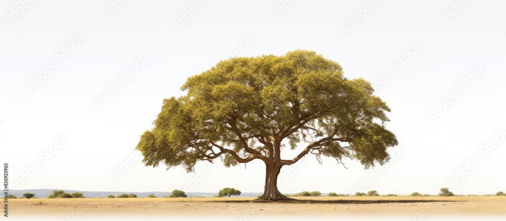 Poster A tree standing alone with a white background providing empty space for image placement, creating a visually appealing composition.
