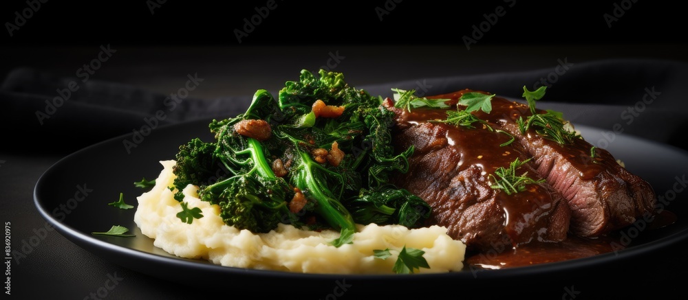 Poster beef steak and mashed potatoes with greens on a white plate against a black background, creating a b
