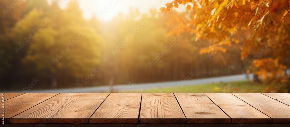 Poster Wooden table with autumn nature park background perfect for displaying products with copy space image.