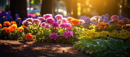 Fototapeta premium Vibrant multi-colored flowers adorn the park's flower bed in a lush garden with a variety of beautiful blooms, perfect for an outdoor summer gardening with a captivating copy space image.
