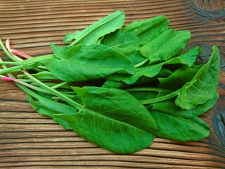 Fresh organic sorrel, spinach plant bunch on wooden table for spring green vegetables soup & salad. Raw sorrel leaves top view green vegetable background. Spring green vegetables - sorrel spinach