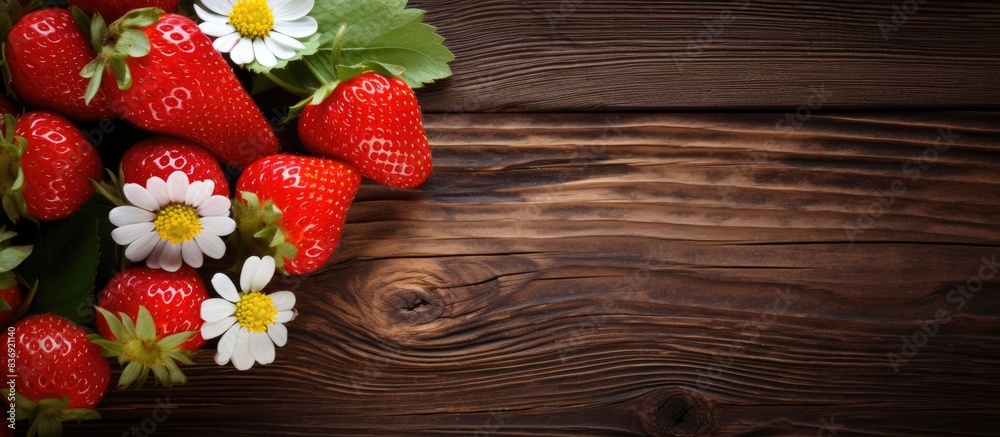 Poster Strawberries and flowers displayed on a rustic brown wooden surface with ample copy space image.