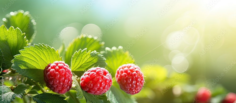 Poster ripe and unripe raspberries soaking up the sun on a summer day, creating a vibrant shot with copy sp