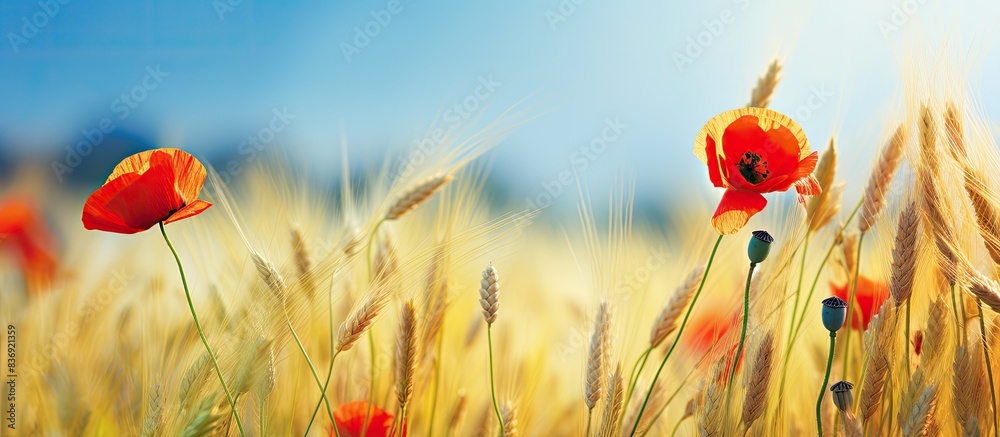 Poster vivid colors: red poppy and yellow wheat in a field of poppies under the morning sun, with space for