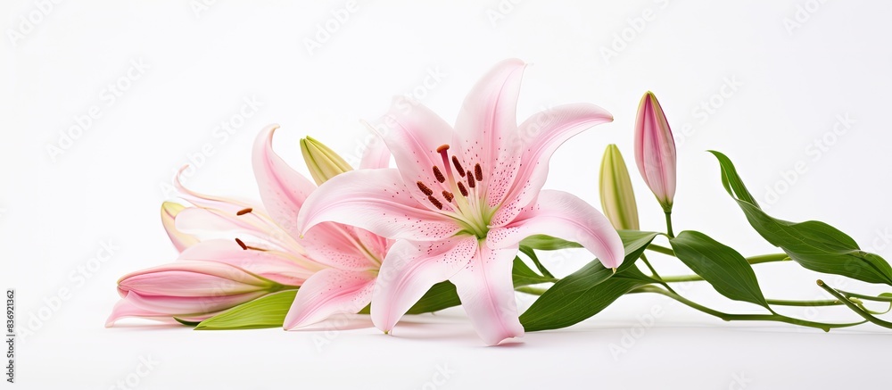 Poster pink lily blossom against a white backdrop with copy space image.