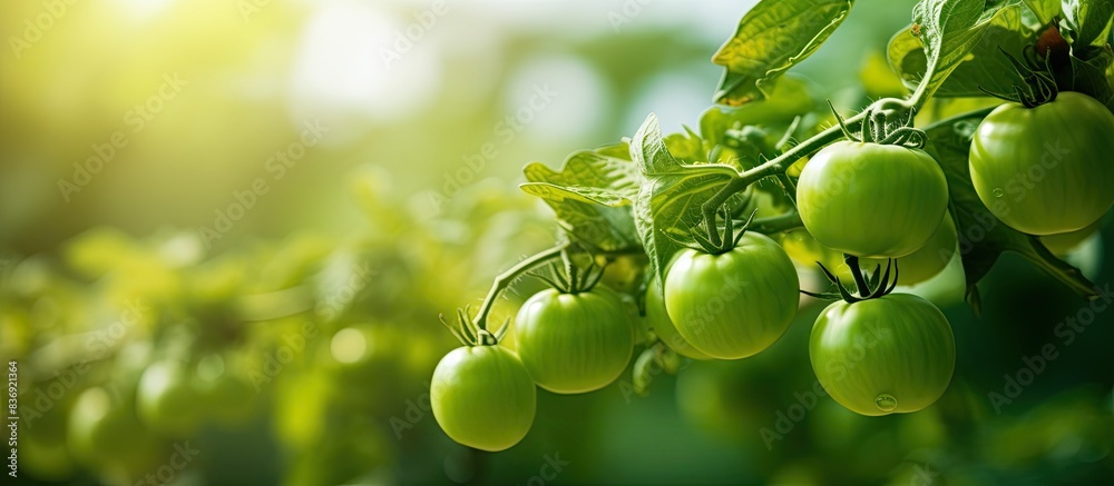 Aufkleber unripe green tomatoes dangle on the bush, creating a picturesque copy space image.