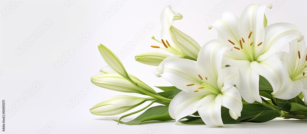 Poster white background with copy space image showcasing a beautiful lily flower.