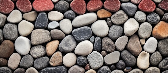 Ancient cobblestone pathway with a mix of red, gray, and white stones creating a textured backdrop for a copy space image.