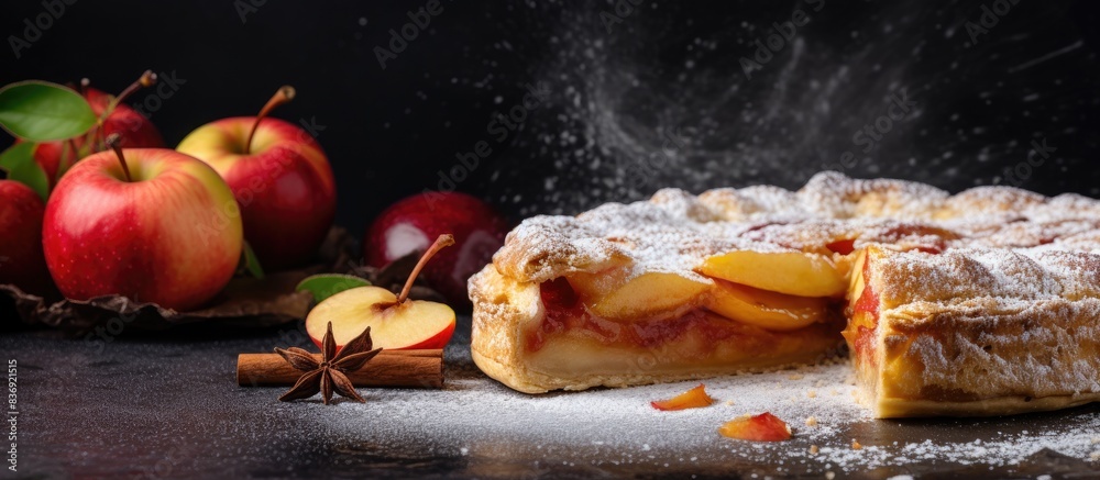 Poster delicious french apple pie on a dark marble background with fresh fruit slices, presenting a closeup
