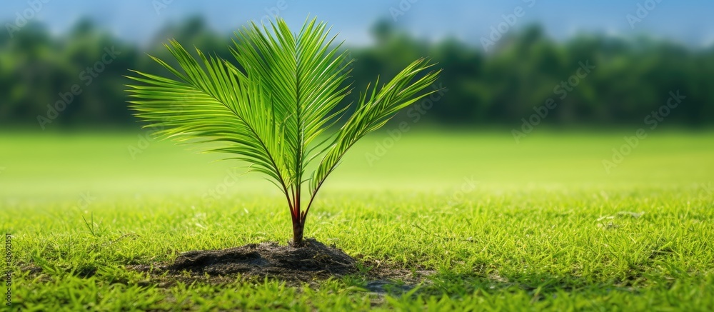 Poster Palm tree sapling placed on lush green grass, with a clear area around it for additional design or text in a copy space image.