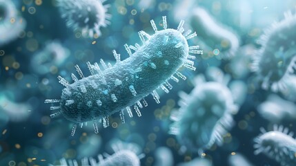 Fototapeta premium Closeup of bacteria in blue background, blurred focus on microscopic white illustration of high Studioshot with and concept about biotech industry, health care or medical research.
