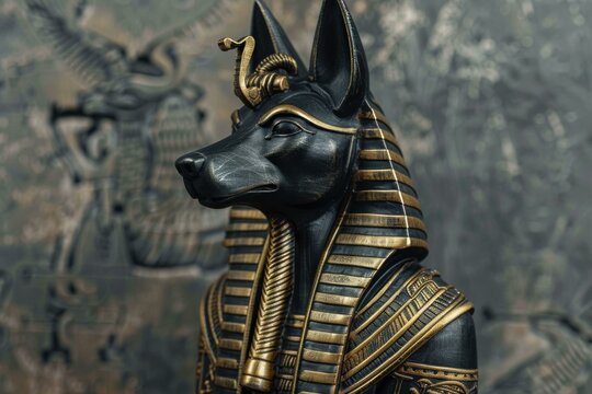Detailed anubis sculpture, egyptian god with a canine head, against a textured hieroglyphic wall