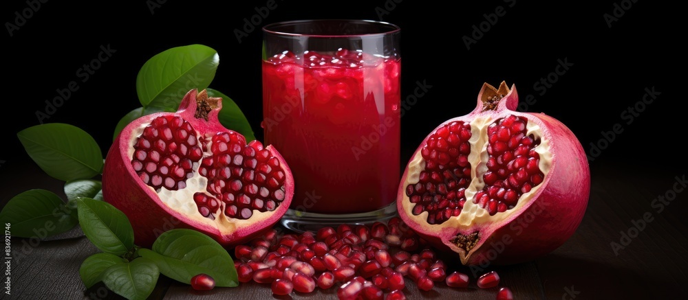 Poster ripe red pomegranate fruit and a pomegranate cocktail on a white background with copy space image.