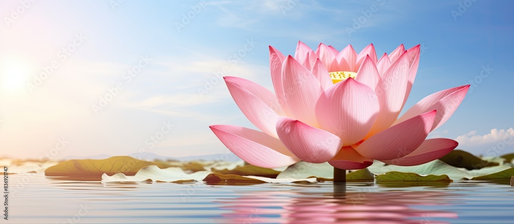 Poster beautiful pink lotus flower in full bloom, with a serene background and ample copy space image.
