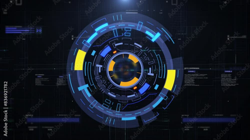 Aufkleber Futuristic HUD UI interface rotating target monitoring system element. Digital technology hologram scanning circular 4K motion graphic