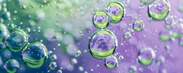 purple green spheres of oil floating in the air, oil bubblesagainst a white background