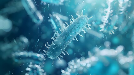 Fototapeta premium Closeup of bacteria in blue background, blurred focus on microscopic white illustration of high Studioshot with and concept about biotech industry, health care or medical research.