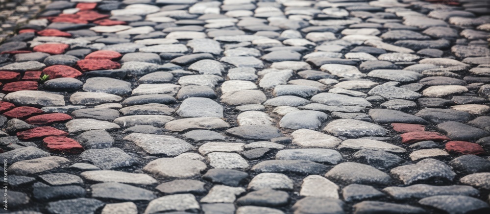 Aufkleber Ancient cobblestone pathway with a mix of red, gray, and white stones creating a textured backdrop for a copy space image.
