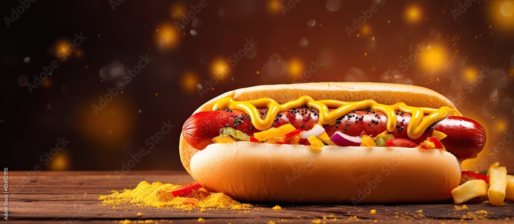 Aufkleber hot dog with yellow mustard and ketchup on a wooden table with copy space image.