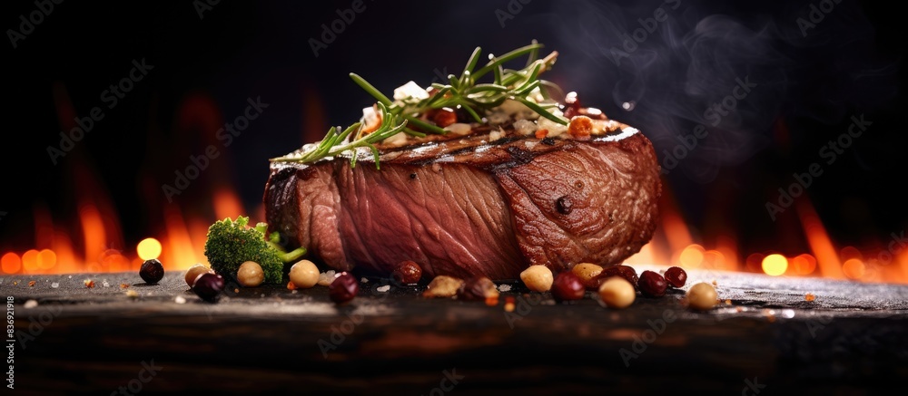 Poster A succulent filet steak displayed in a gourmet setting with elegant seasoning and garnishes, creating a delicious meal centerpiece for a restaurant menu with copy space image.