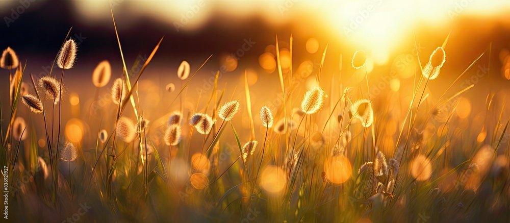 Poster Spring plants and spikes in a field, with the sun reflecting, creating a sunset backdrop with bokeh blur, ideal for a copy space image.