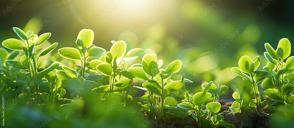 Poster lighted up by the morning sun, a common purslane plant with a close-up view of pigweed in the garden