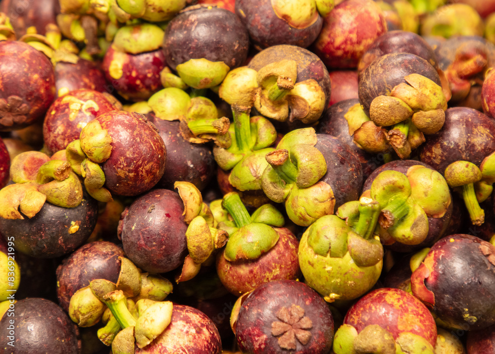 Sticker mangosteen on the market counter