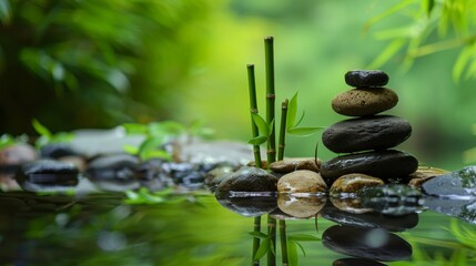 A serene zen garden scene with smooth black stones stacked in balance, surrounded by lush green...