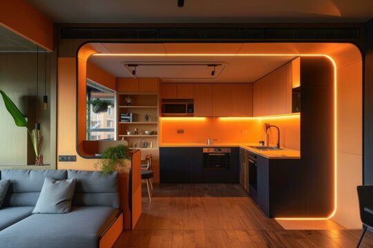 Modern kitchen design featuring bold neon lighting and sleek furniture