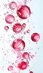 pink spheres of oil floating in the air, oil bubblesagainst a white background