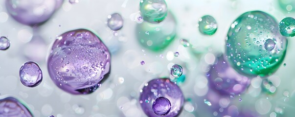 purple green spheres of oil floating in the air, oil bubblesagainst a white background